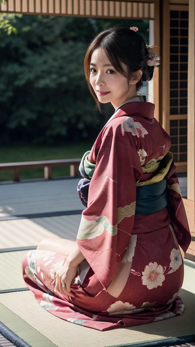 成熟した魅力的なsexyな女性,50 years old, ((kimono)),green、(((kimono))),closure,,(Facial wrinkles:1.3),light makeup,Light brown hair,Long Hair,(Full body photo:0.85),(Emphasize big buttocks),8k, Original photo, Highest quality, masterpiece,Highest quality、audience'Eyes、Hairstyle is free、Front of the face,smile,kimonoがはだけていて、Shoulders and cleavage are visible,sexy