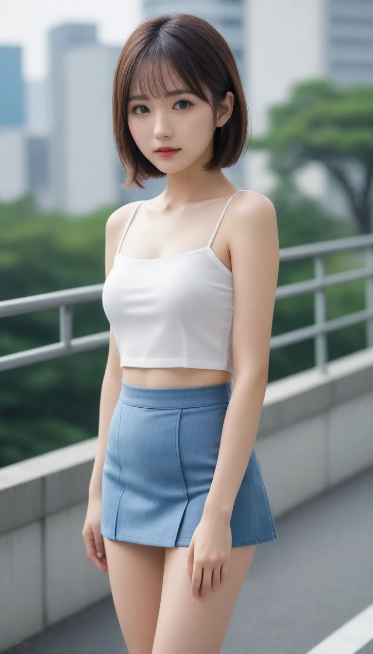 8k, photo realistic, Scores 9, 8, 7, 6, full-body portrait, detailed, very sharp, vivid, solo, Tokyo street,  high heel, very long legs, small face, tall, beautiful eyes, beautiful thighs, one piece,  short hair,  front low view,  low angle:1.5, beautiful big breasts, slender,  the most beautiful woman, double eyelid, beautiful japanese woman, 25 yo, slim beautiful legs,  very short micro mini skirt, sit on guardrail, off_sholders, show off pantie, show thighs, look down viewer, lift up skirt