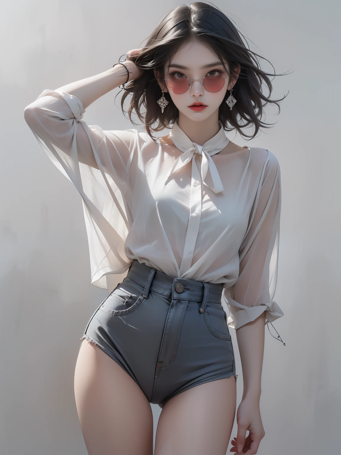 (masterpiece, Highest quality:1.2), Realistic, (Face shape: Surface length contour), (eye: Sharp eye, Cold Stare, eye make up), (nose: The nose muscles are thin and small in size.), (mouth: Neutral lips, Bright red lips), (skin: Transparent white skin, cheek), (shape: Thin Hips, Thigh Gap, Small breasts), (Overall impression: Korean young woman), (hair: perm, short hair), ((Clothes: See-through blouse, Earrings, sunglasses)), ((Blue-gray background)), Strike a Pose