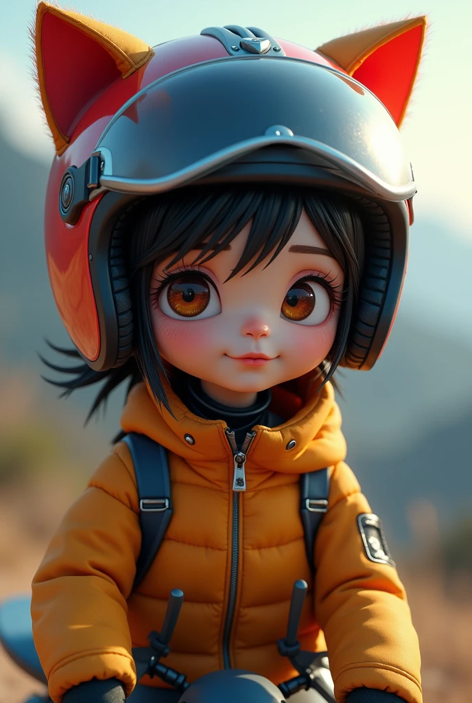 Size 1242x2688 pixels，Pixar style，Wear a helmet，Cool motorcycle cat，Mid-shot，8k ultra high definition webp a beautiful Chinese girl，3D style face，Original style，Science fiction，Character concept art，Lens 35 mm Lens，Ray Casting Bust，Movie Lighting，Micro backlight，8k ultra high definition，webp