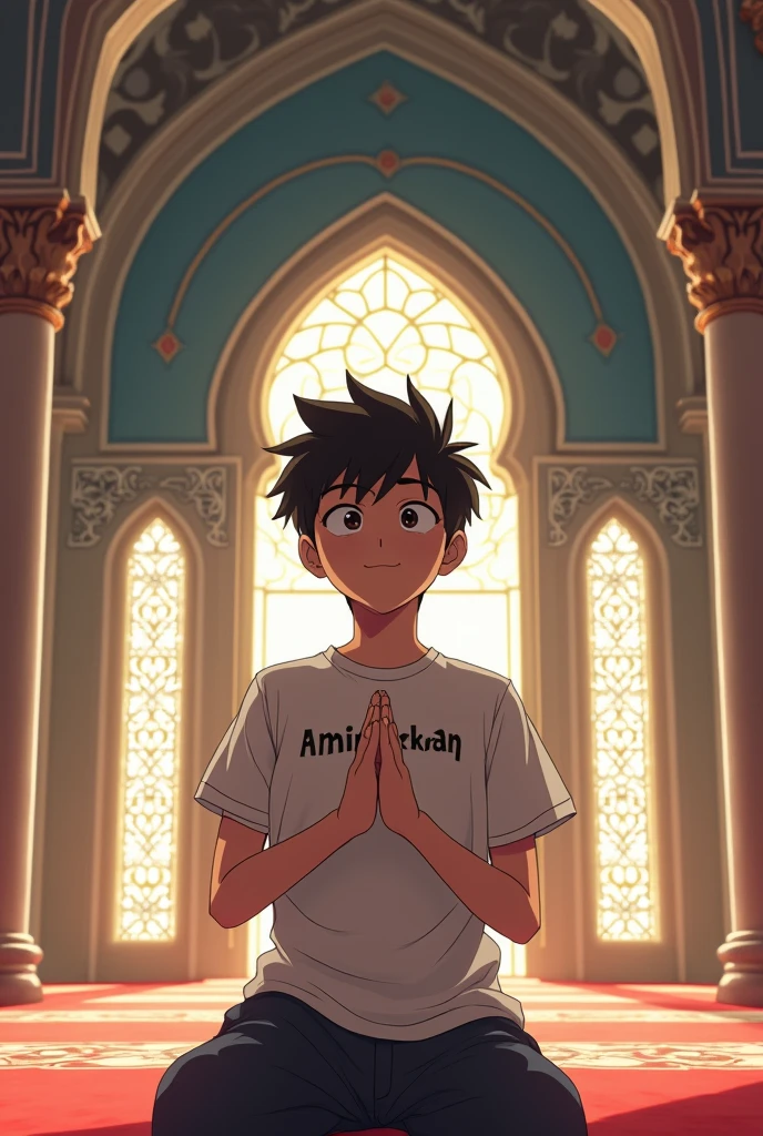 create an anime image that that a 18 years old boy named"AMIRULKHAN" on his t-shirt praying in the mosque