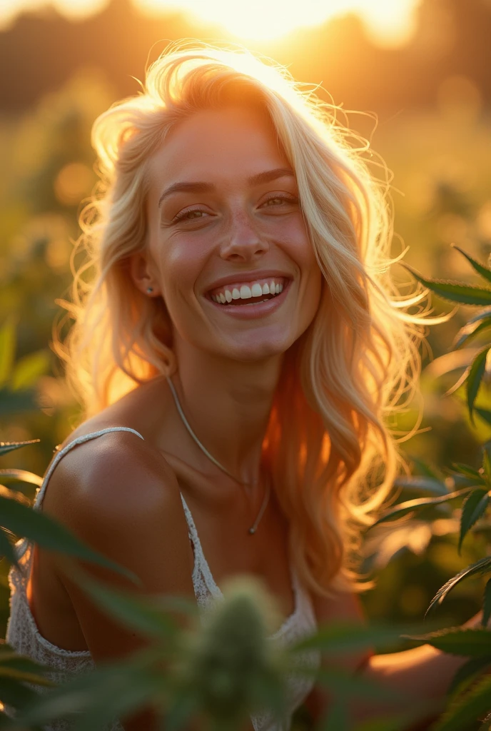 A Nordic gem radiates joy under the golden glow of northern Europe's morning sun, her blonde locks aglow amidst a vibrant cannabis garden backdrop. Framed by lush greenery and delicate smoke wisps, she beams with infectious enthusiasm. A classic Hollywood filter imbues the scene with nostalgic charm, as if captured on medium format film. The Canon EOS 5D Mark IV's exceptional optics render every detail in stunning hyper-reality, inviting the viewer to step into this euphoric moment, retina, accurate, masterpiece, super detail, high details, best quality, award winning, highres, HD, 4K, 8k, 16k, retina, accurate, masterpiece, anatomically correct, textured skin, super detail, high quality, award winning, highres, 8k, 16k