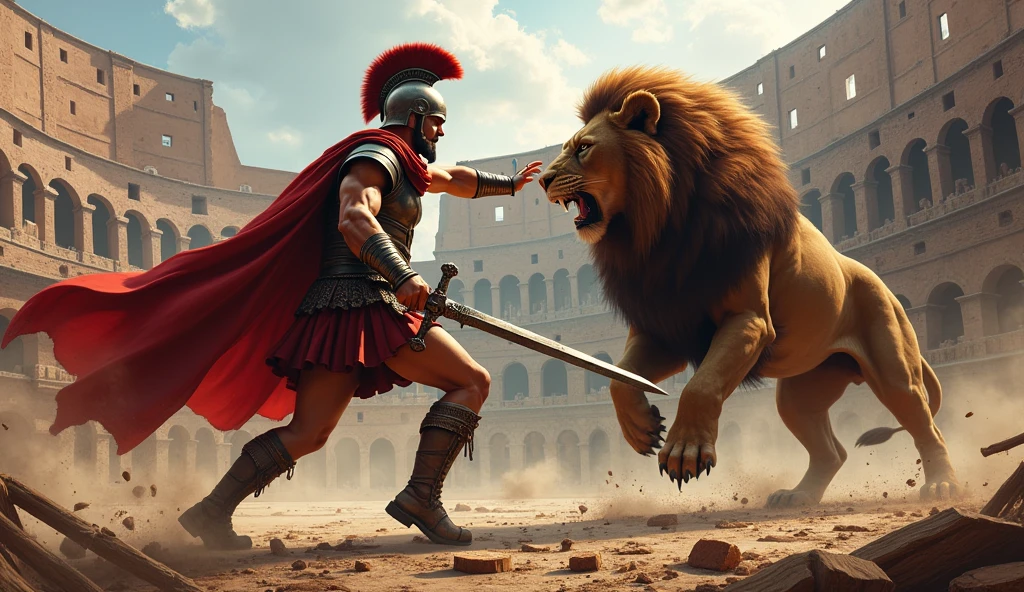 A spartan warrior with sword in a war field, fighting against a lion that is attacking the spartan, background coliseum