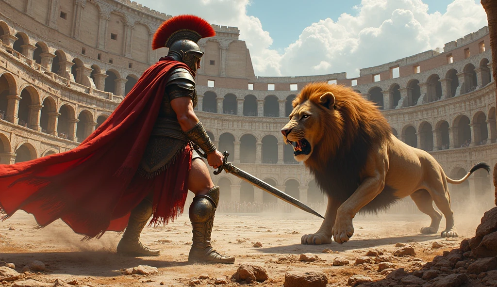 A spartan warrior with sword in a war field, fighting against a lion that is attacking the spartan, background coliseum