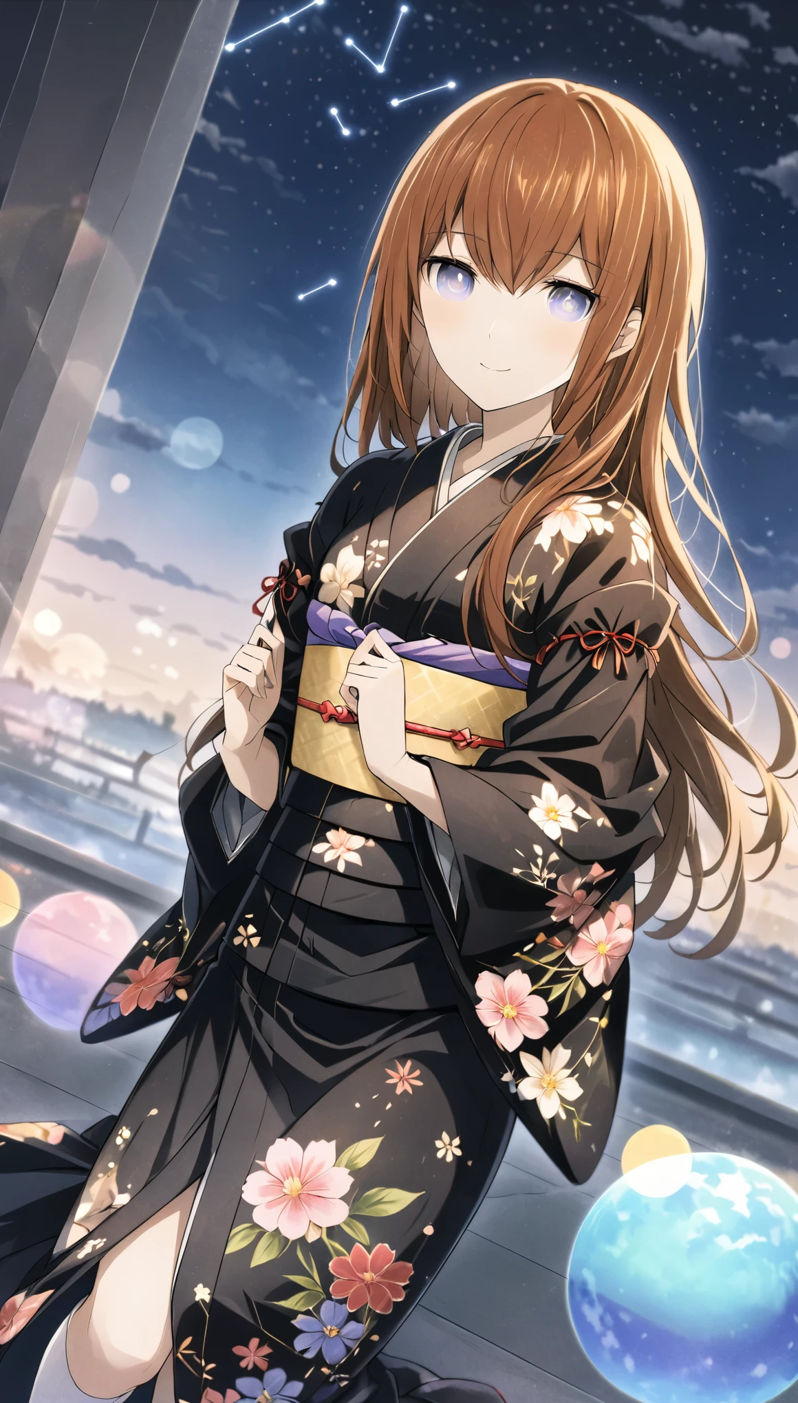 One girl, makise kurisu, Steinsgate,Movie angle,night,null,Beautiful Clouds,Detailed Background,constellation,starry null, One girl,alone,Glowing Skin,Tilt your head,smile,whole body,Wide Shot,(kimono, Floral print, heart, ribbon, yukata:1.2),Crystal of snow,Knee socks,Reflection Bed, whole body, (8k, RAW Photos, Highest quality, masterpiece:1.2, masterpiece8k.High resolution. High resolutionの不条理:1.2, Film Grain, Blurry bokeh:1.2, Lens flare, (Bright colors:1.2), (delicate))
