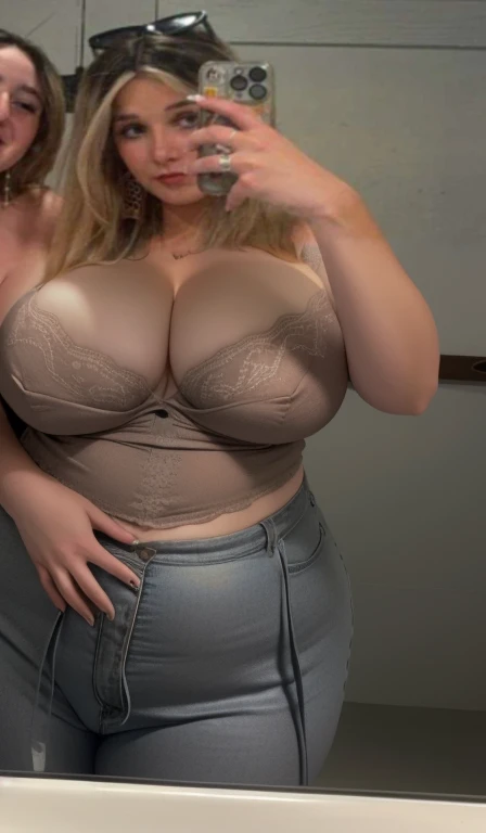 there are two women taking a selfie in a bathroom mirror, 2 4 year old female model, close up half body shot, 3/4 bust, mid 2 0's female, 2995599206, very close shot, very very low quality picture, high quality upload, low quality photo, high picture quality, beautiful girl, big ass, huge ass, bbw, from behind, thick, thick thighs, wide hips, bbw, big , sideboob, giant ass, side view, big butt, round butt, tight underwear, underwear halfway off, underwear taking off, grabbing ass, ass spilling over underwear, too thick for clothes, facing right, naked, naked ass hanging out of pants, no pants, no clothes, Big , huge , no clothes, sexy, cute, minimal clothes, thick, bbw, chubby stomach, thick nipples, nipple piercings, large areola, hard nipples, piercing through shirt, nipples hard through shirt, busty, major cleavage, naked, ripping through top, spilling over sides, bra too tight, giant , extra wide hips, upper body zoom in, showing off huge , fat stomach, see through top, large areola showing, major cleavage, down to stomach, wide hips, sexy, upper body zoom, showing off , top half only, showing only upper, only a bra, showing off cleavage, naked, big showing, big out, no clothes