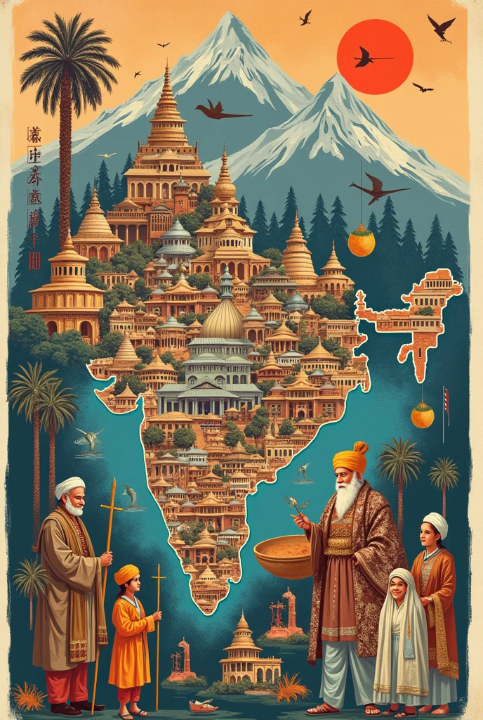 Design a collage or infographic summarizing India's development journey from the past to the future, combining elements of historical and modern achievements." Include head region of india ( jammu & kashmir & ladakh )