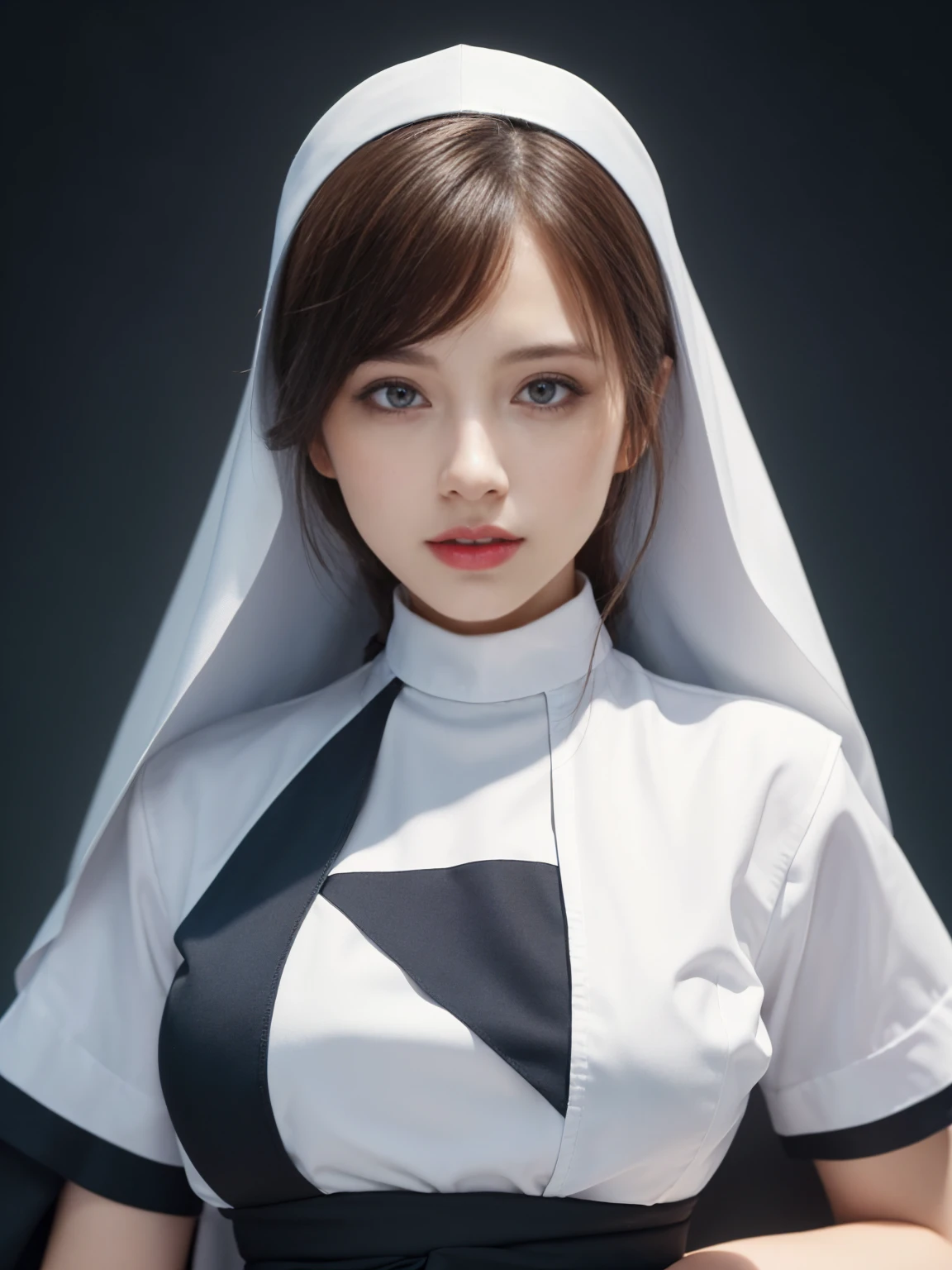 masterpiece, Highest quality, figure, Very detailed, The finer details, High resolution, 8k,wallpaper, Perfect dynamic composition,(Detailed high quality:1.3),(A tight-fitting nun&#39;s outfit with buttons on the collar and chest), Seraphim, The background is an empty changing room, Deep in the field, Black hair color, Big Natural Color Lip, (Perfect figure), (smile)、Harajuku Style, Adorable expression、Expressions of happiness、Amazingly cute、Cute type、Beautiful feet, Idol Sculpture、(Braid)、(Glasses)、(Big Breasts)、(Three Women)、(whole body)、(Nun&#39;s clothing that accentuates the body line:1.3)