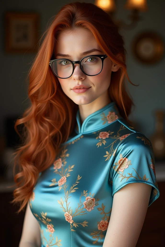 beautiful woman  , red hair with brown roots, looking directly at the camera, very realistic,  at home,floral blue silk  cheongsam, clothes tight against body, clothes too tight, film grain, fit muscular body, clothes too tight, ,  seductive, sexy, short sleeves, glasses