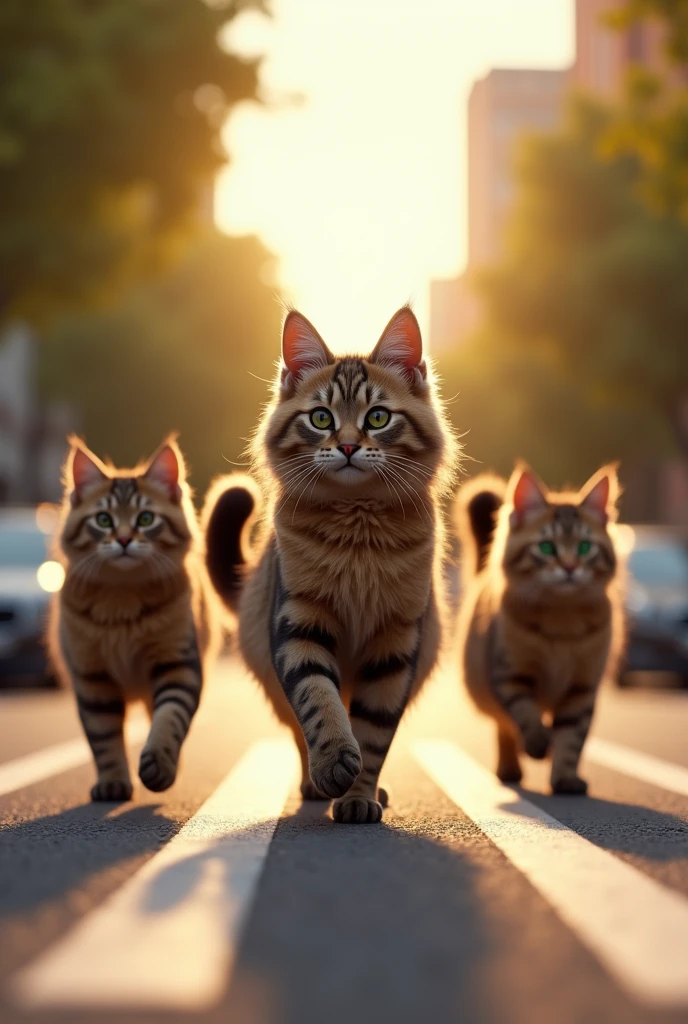 a group of maine coon cats walking across the street, extremely detailed, high quality 3d render, photorealistic, beautiful lighting, cinematic composition, dramatic shadows, vibrant colors, depth of field, realistic textures, (best quality,8k,highres,masterpiece:1.2),ultra-detailed,(realistic,photorealistic,photo-realistic:1.37),dynamic pose,curled tails,alert expressions,feline grace,textured fur,road crossing,urban environment,sunlight filtering through trees