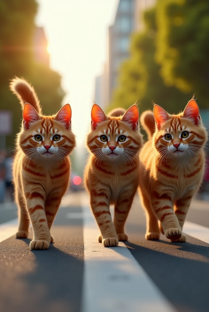 a group of maine coon cats walking across the street, extremely detailed, high quality 3d render, photorealistic, beautiful lighting, cinematic composition, dramatic shadows, vibrant colors, depth of field, realistic textures, (best quality,8k,highres,masterpiece:1.2),ultra-detailed,(realistic,photorealistic,photo-realistic:1.37),dynamic pose,curled tails,alert expressions,feline grace,textured fur,road crossing,urban environment,sunlight filtering through trees