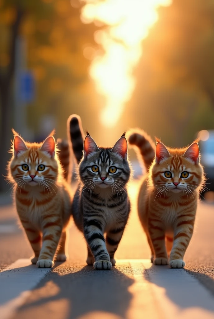 a group of maine coon cats walking across the street, extremely detailed, high quality 3d render, photorealistic, beautiful lighting, cinematic composition, dramatic shadows, vibrant colors, depth of field, realistic textures, (best quality,8k,highres,masterpiece:1.2),ultra-detailed,(realistic,photorealistic,photo-realistic:1.37),dynamic pose,curled tails,alert expressions,feline grace,textured fur,road crossing,urban environment,sunlight filtering through trees