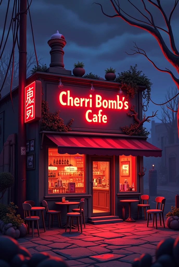 Infernal cozy horror empty café facade at hell, with chairs, tables and a bar coctel bar, cartoon animated in hell, with a sign that says "Cherri Bomb's Cafe"