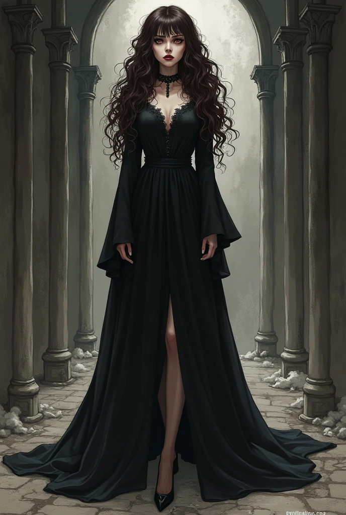 Woman with long brown curly hair, curly bangs, don't forget the round glasses. pale white, has small, slanted eyes with very striking eyeliner and a wine-red mouth.gothic outfit, long robe, high-heels. ancient art. She has a sad expression. Big and powerful face. Curlier and more voluminous hair. fully body. In black and white, アニメ, drawning, grimdark,