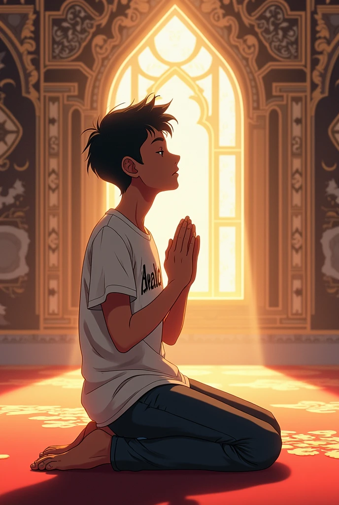 create an anime image that that a 18 years old boy named"AMIRULKHAN" on his t-shirt praying in the mosque 