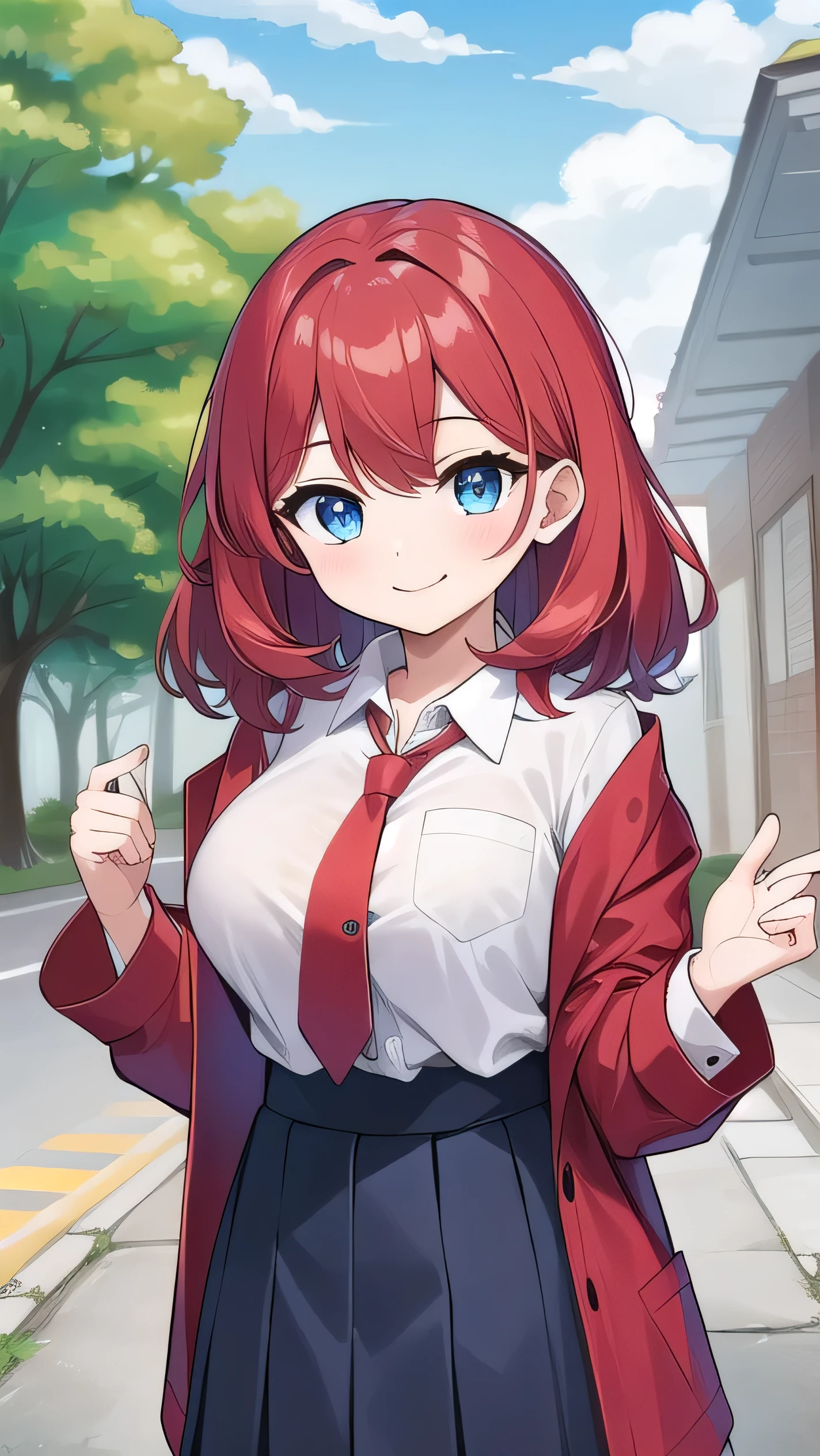 Big breasts, red hair, blue eyes, droopy eyes, red jacket, long sleeves, navy skirt, elementary school student, (super big breasts:1.1), (medium hair: 1.2), baggy clothes, elementary school student, young face, short height, , old, shy A shy guy, smiling a little, trying to open the buttons of his shirt, white shirt, red tie,(straight hair:1.2) , gentle smile, a little smile