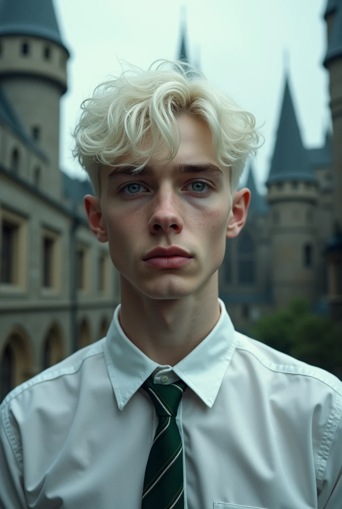 Very handsome 18 year old late teens young man, face claim Colin Ford, white-blonde hair and very pale skin, albino, light blue-grey eyes, dressed in white button up shirt and Slytherin tie, background of Hogwarts castle. Detailed realistic lifelike photograph headshot