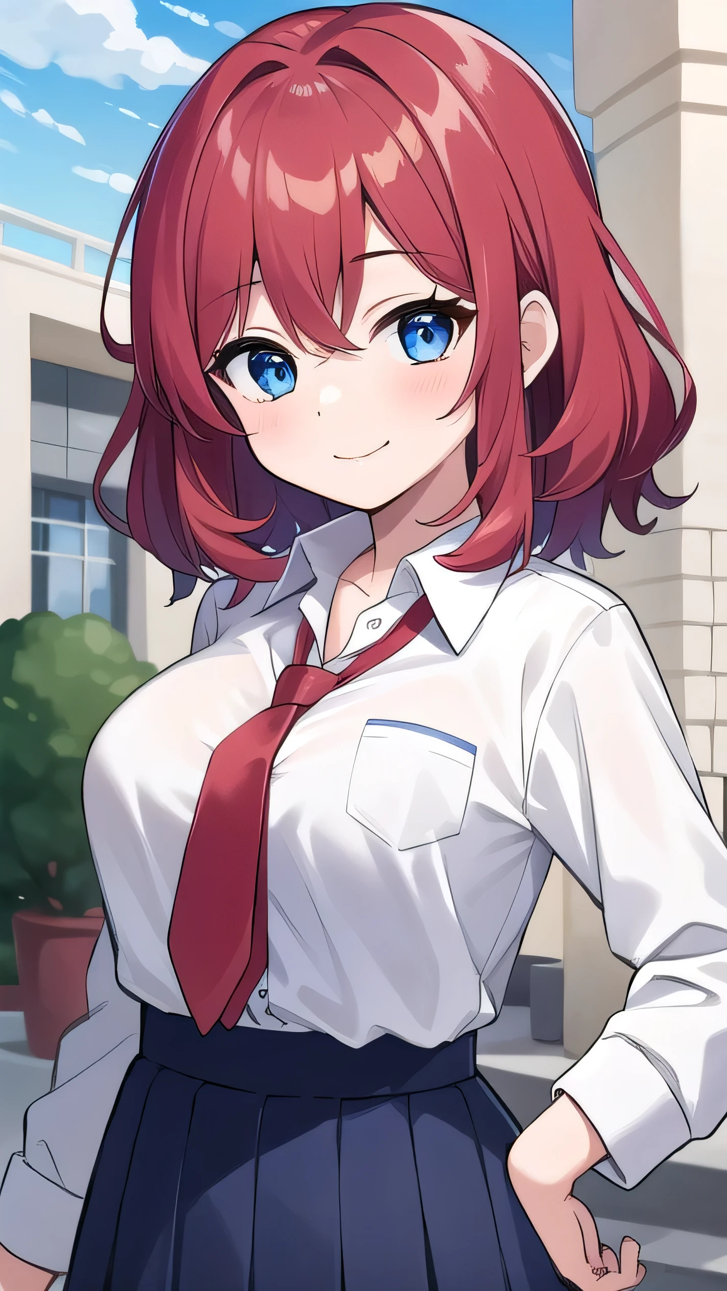 Big breasts, red hair, blue eyes, droopy eyes, red jacket, long sleeves, navy skirt, , (super big breasts:1.1), (medium hair: 1.2), baggy clothes, elementary school studentt, 10 years old, old, shy A shy guy, smiling a littleopen the buttoof his shirt, white shirt, red tie，(straight hair:1.2) , gentle smile, a little smile