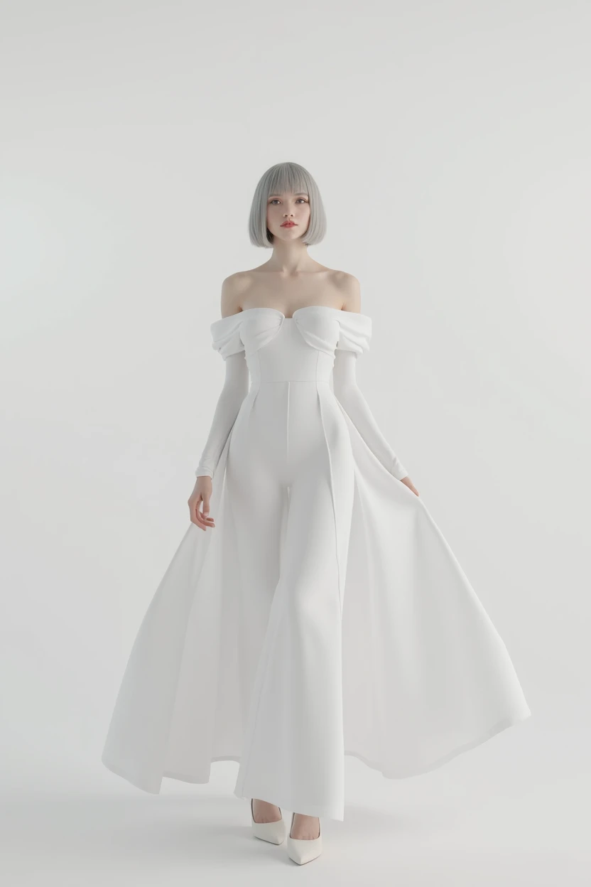 (RAW photo, best quality, masterpiece: 1.2), (photorealistic: 1.4), best lighting, 20 years old, (detail face, detail eyes, light gray eyes, light gray hair, short straight bob cut, Symmetrical eyes, huge breasts :1.3)