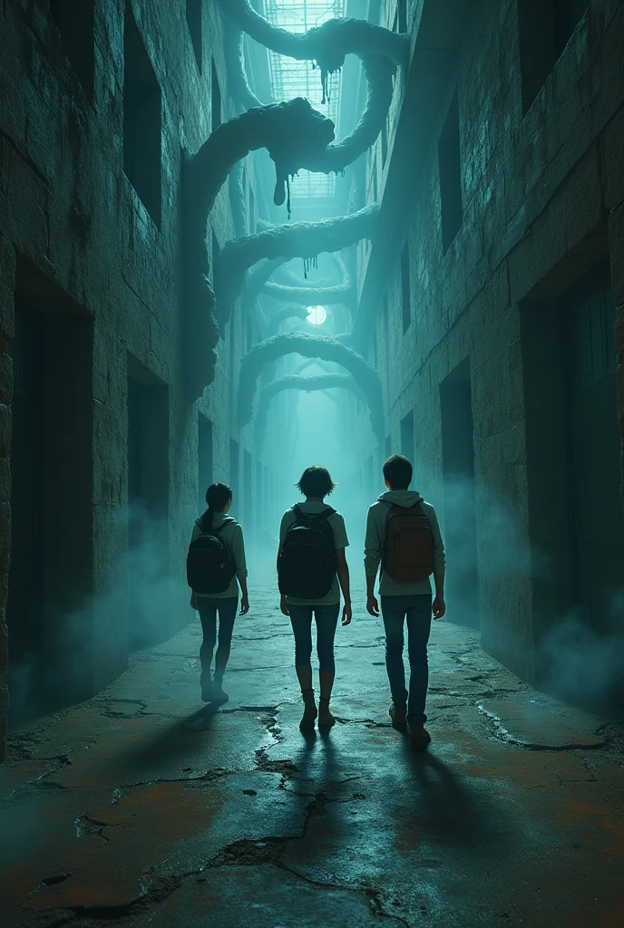Inside the 3 teenagers look at the rooms and large corridors, looking almost like a maze until they find a guide with information