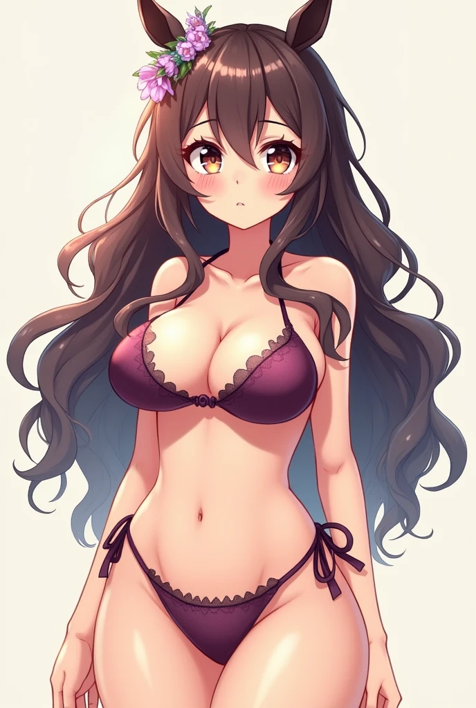 Beautiful anime girl with wavy long hair, bikiny, with a horse heat and Big tits