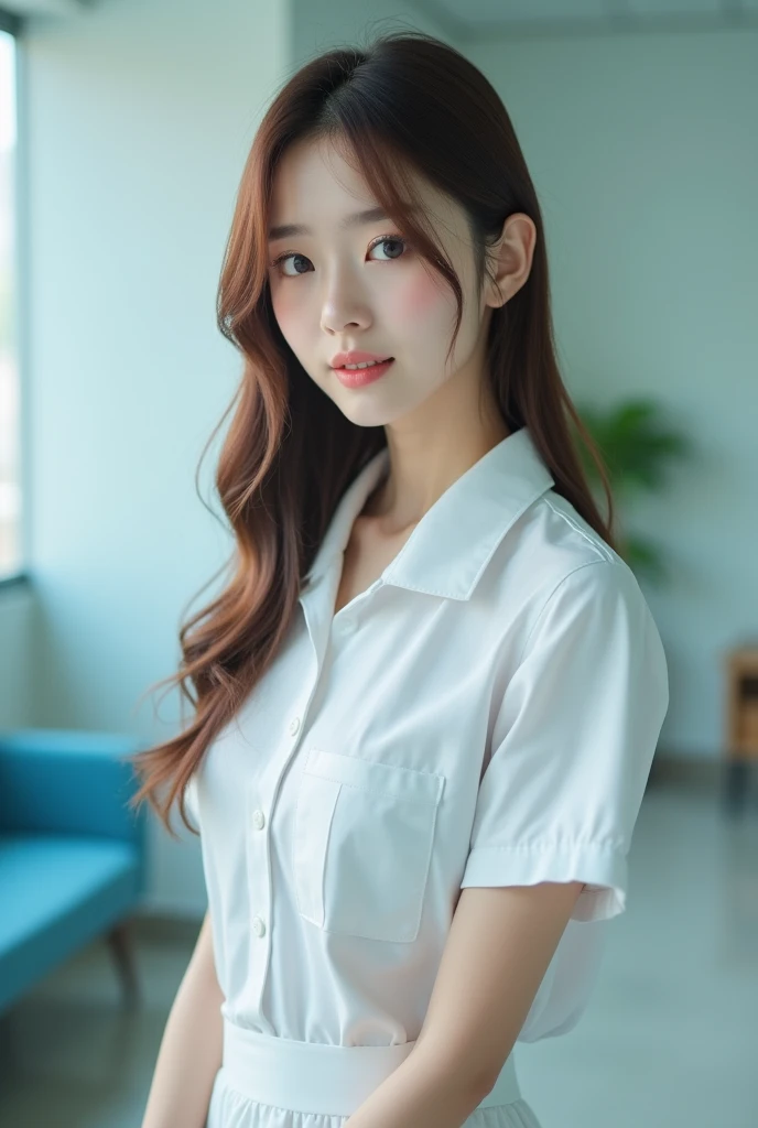 (3woman)、(Japanese、Refreshing、clear、seems kind、stylish、(narrow eyes)、Pitiful、cute like an angel、cute、black eyes、,actress,Slit eyes), Good style , (Beautiful big breasts:1.0),(soft breasts),(very cute),(brown hair),,( long hair、Straight Hair,one-length）,(enchanting eyes),(highlight on eyes:1.2)、(8K、Live shooting、highest quality、masterpiece:1.2、optimal lighting)、((masterpiece)),(Photo taken by a professional photographer),(real、photo real:1.4),break,{ (white nurse costume),(((taraditional nurse uniform))),(white nurse mini skirt),(( pantyhose)),(cleavage:0.7)},(Smile1.0),(cheeks are red:1.2), break, break,Hospital ,waiting room