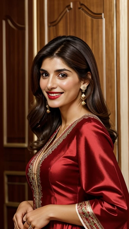Caterina Murino wearing sexy Georgian traditional clothes with lipstick and smiling