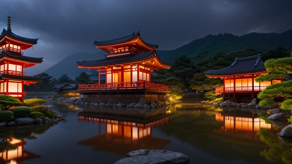 Beautiful,japan,scene,temple,night,rain,calm,fire works