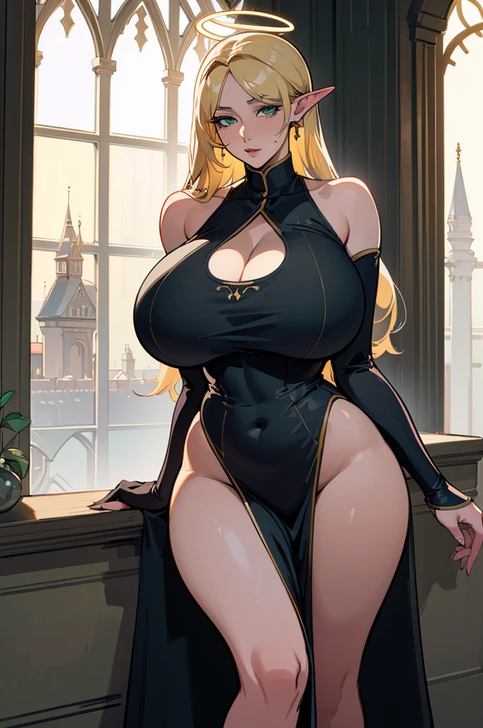 High Contrast, (8K  UHD:1.2), (Realistic:1.2),(masterpiece:1.4), (Highest quality:1.4),Highly detailed wallpaper, Highly detailed illustration, (1 female), (Best lighting) , (Very intricate details) , 4K Integration, (Super fine CG: 1.2) , (8k: 1.2),(original), (masterpiece) , (Highest quality),(masterpiece:1.4),((Standing in front of a castle window at night)), Beautiful light hues,(masterpiece, のficial art),Unohana Yachiru (Bleach),Exposed sideboob,revealing sexy clothes,Noble Elf Woman,Adult female,Queen,elegant,(eyelashes), Curvaceous, (Mature Woman),elegant face,Blonde Hair, Green Eyes,Confused eyes,Long Hair,( Mature Woman, Sensual),超Perfect bodyカーブ,(Large Breasts:1.5),(((((Huge breasts))))),(((Wide Hips, Thick thighs))),Perfect body,Looking Down,Halo overhead,Sexy nun,tall, Seductive pose,Pillar Box, belly button, jewelry,cuffs,dress, Cleavage, large 胸, Hip vents,Sitting, Center opening, Tentacles, Exposing shoulders, golden hind,
