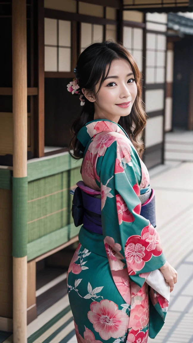 成熟した魅力的なsexyな女性,50 years old, ((kimono)),green、(((kimono))),closure,,(Facial wrinkles:1.3),light makeup,Light brown hair,Long Hair,(Full body photo:0.85),(Emphasize big buttocks),8k, Original photo, Highest quality, masterpiece,Highest quality、audience&#39;Eyes、Hairstyle is free、Front of the face，smile,kimonoが脱げる、Shoulders and cleavage are visible,sexy