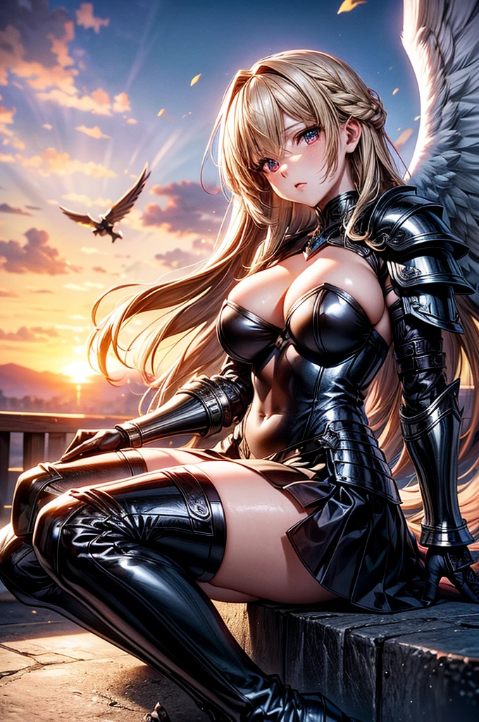 female archangel prepared for battle, an extremally beautiful warrior valkyre, ultra feminine, long hair, dark blonde hair, braided hair, wearing divine heavy armor, long leather boots, cleavage, big breasts, (white armor: 1.2), full plate armor, (angel wings: 1.2) spread, angel wings on both sides of her back, posing for a picture, full body, floating mid-air, sunset, 16k, RAW, ultra wide shot, photorealism, depth of field, hyper realistic, 2.5 rendering, ray tracing