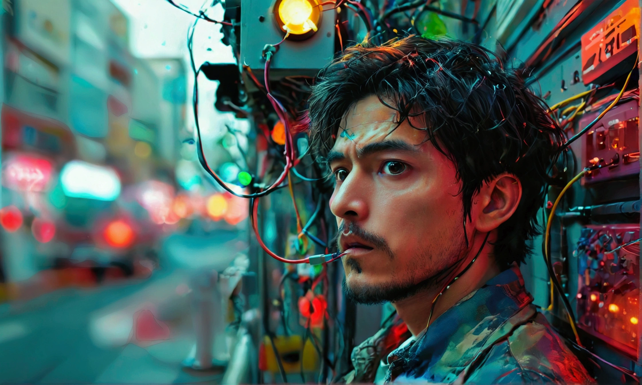 a man messing with security camera wires,manga style art