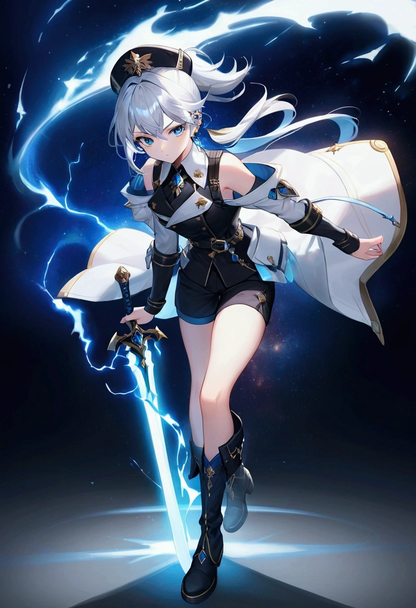 Create an image featuring a dynamic powerful female character with short ponytail silver hair and piercing blue eyes. She is wearing a detailed dark blue and black outfit with intricate white accents, including a high-collared modern style trench coat, armored shoulder pads, and a fitted bodice with ornate patterns and a commander hat. Her outfit also includes a shorts with layered fabric and thigh-high boots. The character is wielding a sword with a glowing tip, held confidently in her right hand. She stands in a powerful, poised stance with one foot slightly forward and her aura spread wide behind her. The aura are large and ethereal, resembling both space and time in shades of teal and blue lightning, giving the impression of both lightning and wind elements at play. The background is soft with light colors that complement the characterr's striking presence. sc-fi theme,
