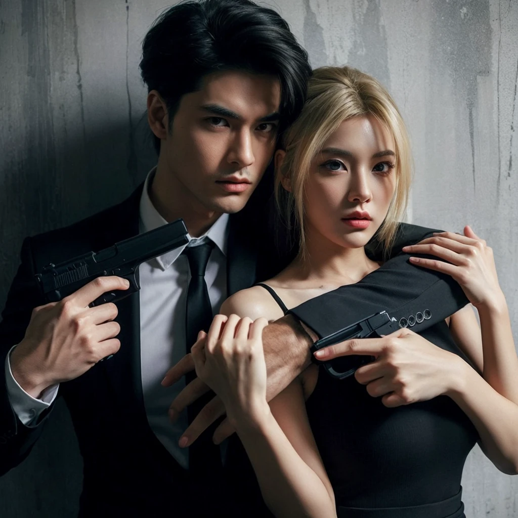 masterpiece. couple agent. Woman and man! woman with long blonde hair. man with gun, black hair, grey eyes. love to enemy. book cover design. Criminal frame background. Violence.