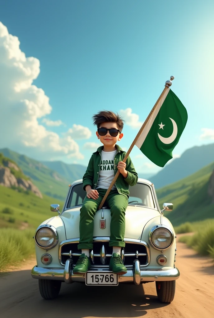 Photo Upload frommy phone and Create an Real image featuring a 10 year old child
sitting on the hood of a white and green car,with Pakistan’s scenic background. He’s holding a flag celebrating Pakistan’s 14th August. The boy wears a white T-shirt with ‘ADNAN KHAN ’ printed on it, a green jacket, green pants, green shoes and sunglasses.