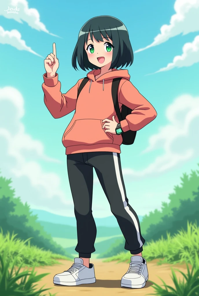 General description:
"A young girl with short, straight black hair, with a happy and friendly expression. She has a slim figure and delicate, expressive facial features with emerald green eyes.."

Clothes and accessories:
"Dressed in a light red hooded sweatshirt, accompanied by black sports pants with white lines on the sides. He wears white sneakers and a digital watch on his right wrist.. besides, He has a small black backpack on his back."

Expression and Posture:
"With a happy and confident expression, standing in a natural posture, with one hand on the hip and the other raised as if he were waving or pointing at something."

Environment and background:
"In a vibrant environment reminiscent of a Pokémon landscape, like an open field or meadow, with green vegetation and a clear sunny sky."

artistic style:
"Anime or manga style, maintaining the aesthetics and visual characteristics of the Pokémon characters."