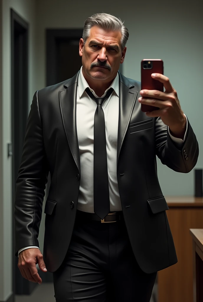 45 years old, very muscular, big bulge, black leather suit trousers, nice smile, horny, boss, office, thick, thick thighs, muscular chest, bulge, muscles, shirt and tie, dress shirt, formal shirt, mature, hd, realistic, At work, short moustache, no jacket, sexy shirt, taking a mirror selfie, shiny clothes, grey hair, fitted, belt, british, black leather shirt
