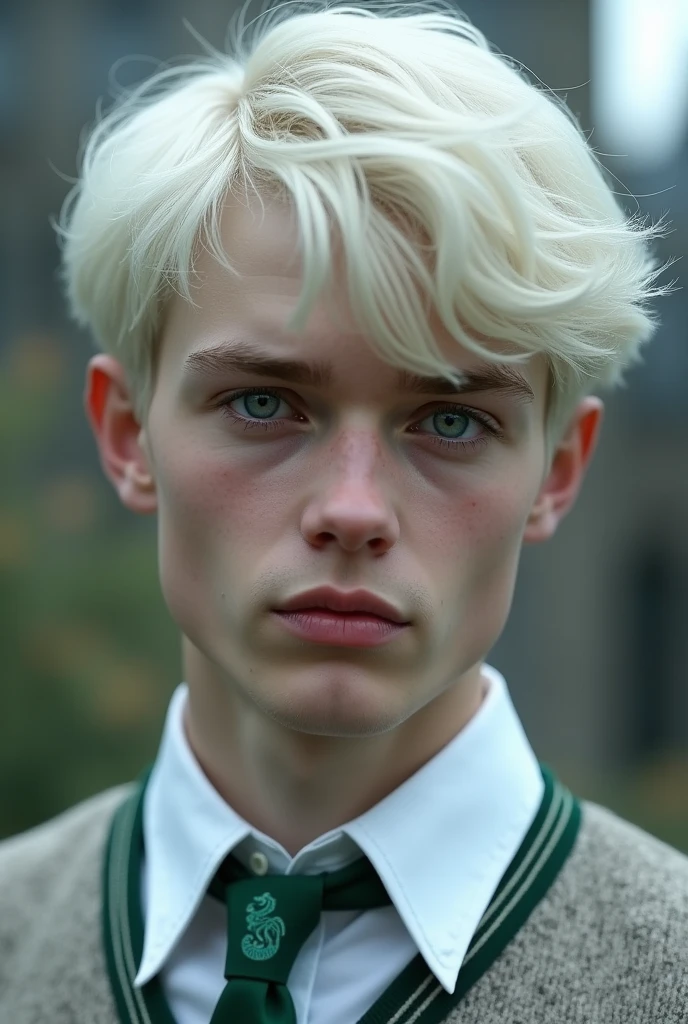 Very handsome boy, face claim Colin Ford, white-blonde hair and very pale skin, albino, light blue-grey eyes, dressed in white button up shirt and Slytherin tie, background of Hogwarts castle. Detailed realistic lifelike photograph headshot