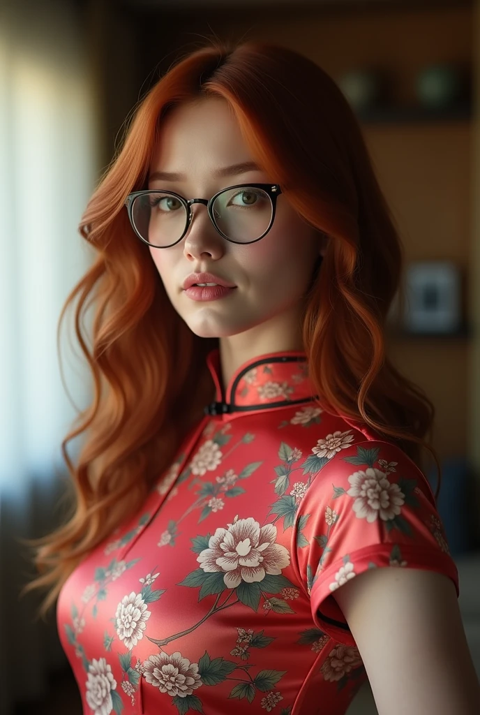 beautiful woman , red hair with brown roots, looking directly at the camera, very realistic, at home,floral silk cheongsam, clothes tight against body, clothes too tight, film grain, fit muscular body, clothes too tight, , seductive, sexy, short sleeves, glasses
