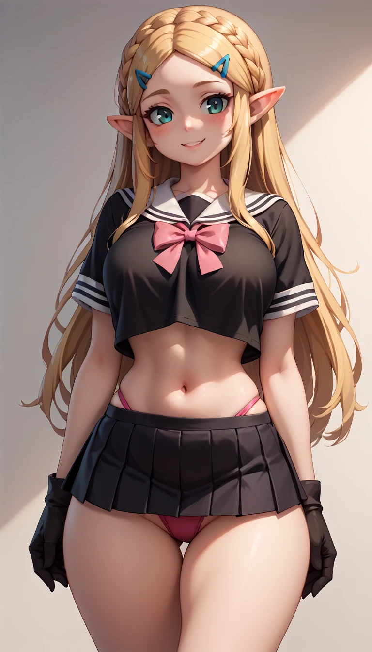High resolution, Very detailed, perfect lighting, beautiful detailed eyes, ((masterpiece,Best Quality)), absurdities, alone, princess zelda, by the width, crown braid, Hair clip, pointy ears, Gloves without fingers, black gloves, smile, curves, nod, , deep neckline, deep neckline, black school uniform with white details,short skirt, visible underwear, pink thong, black uniform, black shirt with pink bow, touching her breasts in a sexy way, close up