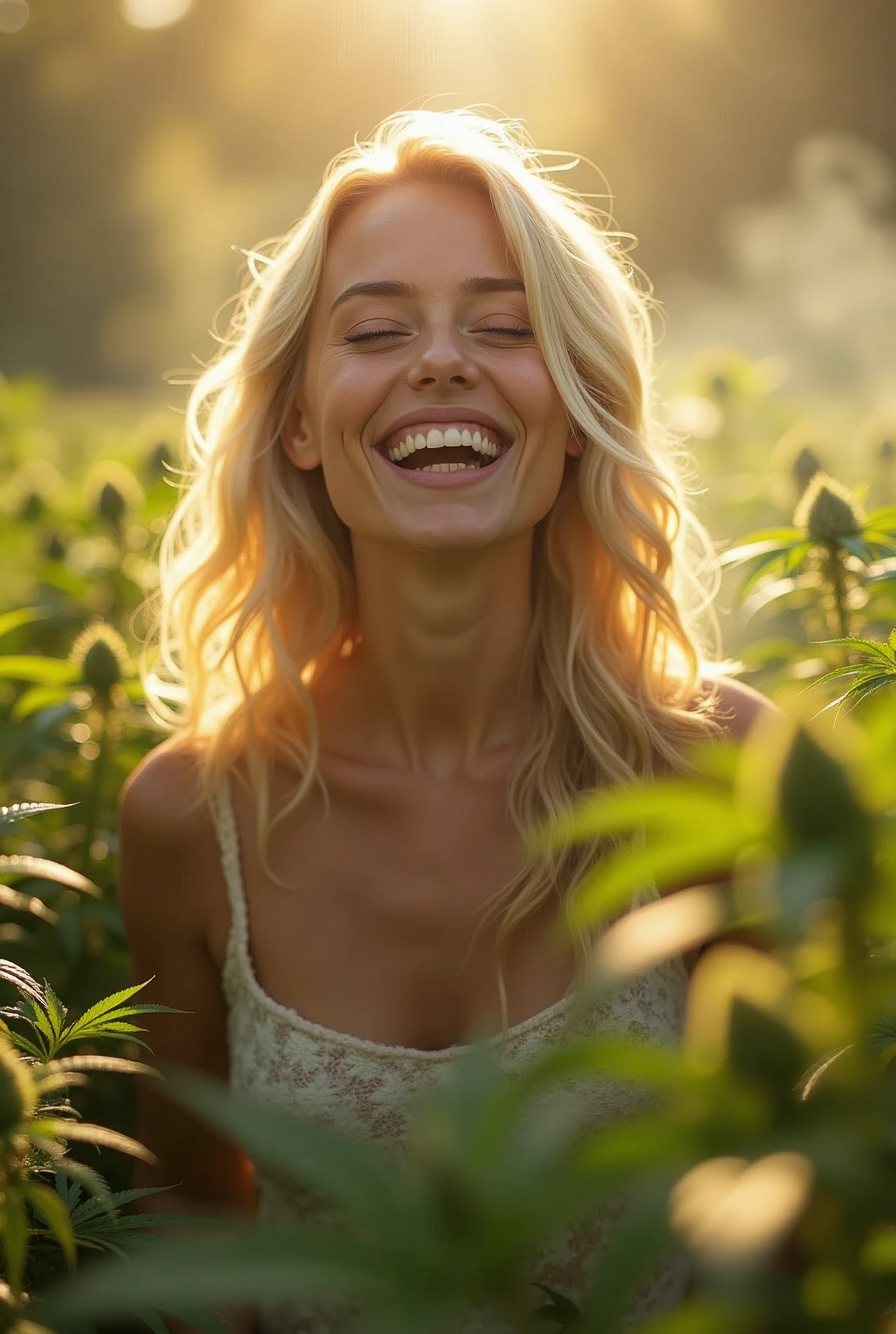 A Nordic gem radiates joy under the golden glow of northern Europe's morning sun, her blonde locks aglow amidst a vibrant cannabis garden backdrop. Framed by lush greenery and delicate smoke wisps, she beams with infectious enthusiasm. A classic Hollywood filter imbues the scene with nostalgic charm, as if captured on medium format film. The Canon EOS 5D Mark IV's exceptional optics render every detail in stunning hyper-reality, inviting the viewer to step into this euphoric moment.