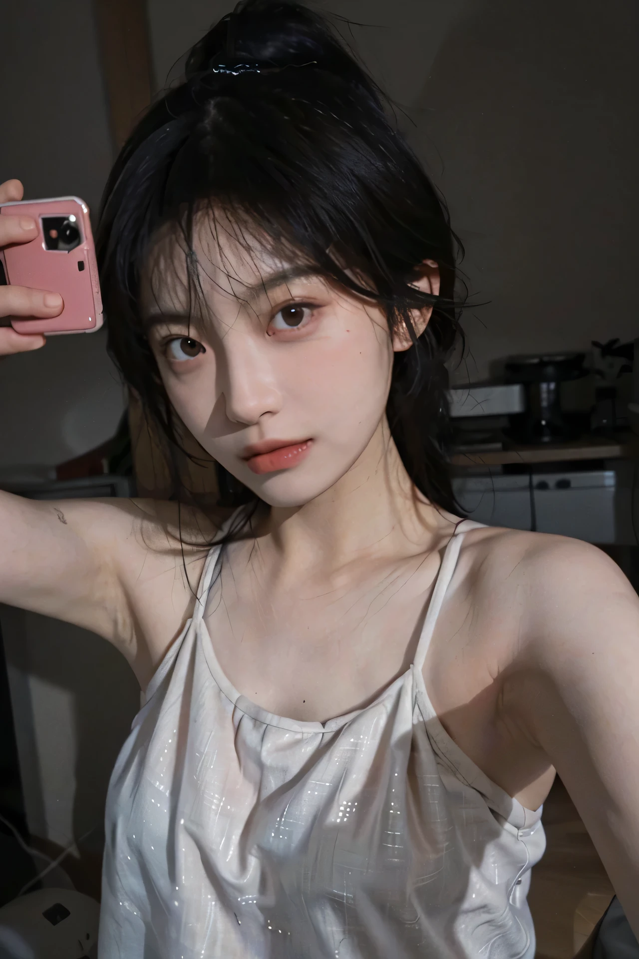 8K,Best quality, masterpiece, ultra high res, (photorealistic:1.4), raw photo, (Authentic skin texture:1.3), (film grain:1.3), (selfie angle),1girl,beautiful detailed eyes and face,masterpiece, best quality,close-up,upper bod,