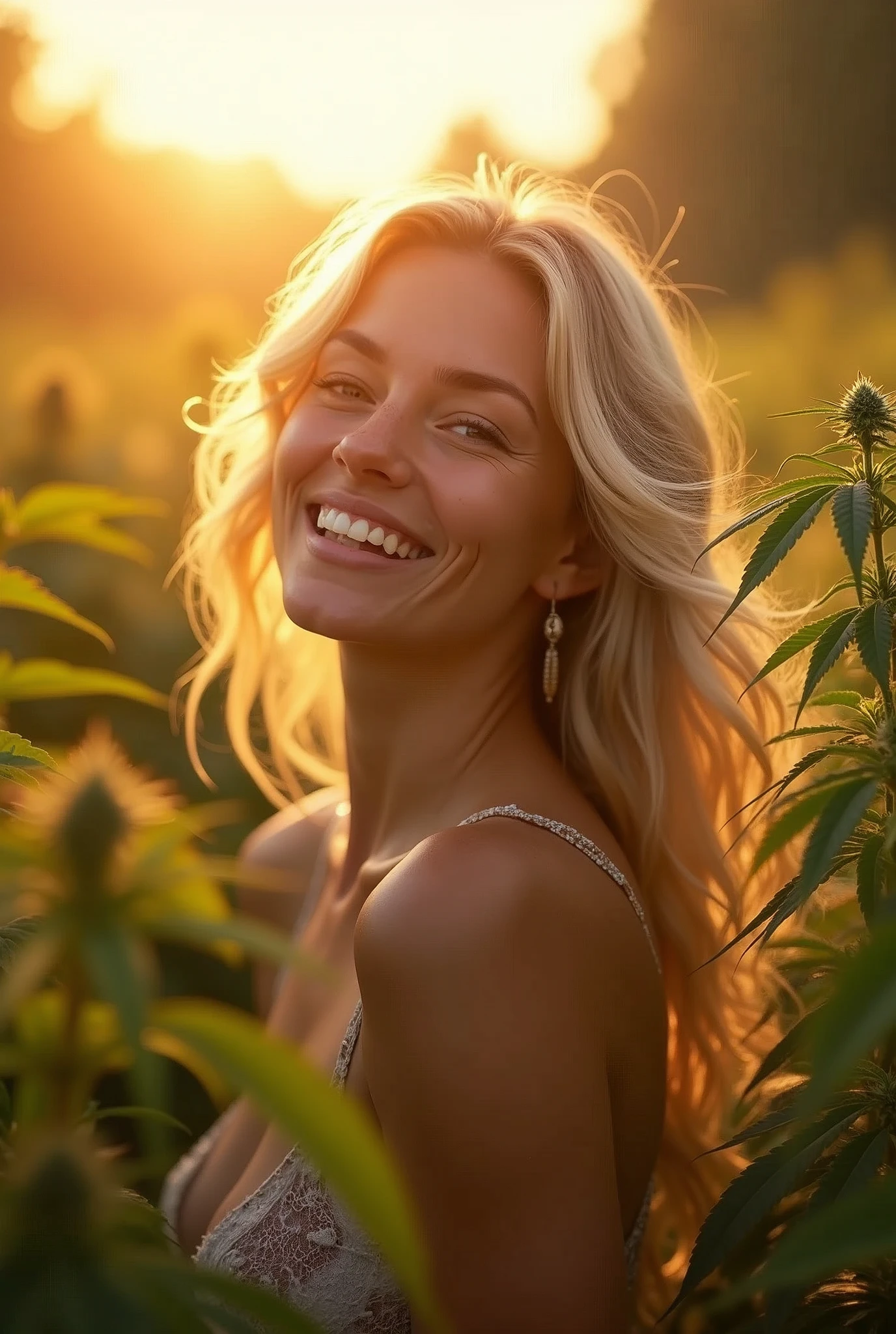 A Nordic gem radiates joy under the golden glow of northern Europe's morning sun, her blonde locks aglow amidst a vibrant cannabis garden backdrop. Framed by lush greenery and delicate smoke wisps, she beams with infectious enthusiasm. A classic Hollywood filter imbues the scene with nostalgic charm, as if captured on medium format film. The Canon EOS 5D Mark IV's exceptional optics render every detail in stunning hyper-reality, inviting the viewer to step into this euphoric moment, retina, accurate, masterpiece, super detail, high details, best quality, award winning, highres, HD, 4K, 8k, 16k, retina, accurate, masterpiece, anatomically correct, textured skin, super detail, high quality, award winning, highres, 8k, 16k