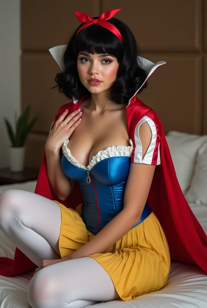 Beautiful Selena Gomez, snow white cosplay, blue corset, yellow pleated skirt, red and white slashed shoulder sleeves, black bob hair, red headband, red cape, silk, satin, photorealistic, masterpiece, best quality, beautifully detailed face, detailed skin, white leggings, sexy, squatting cowgirl position, panties, pubic line, aroused, on bed, sexual, penetration, seductive