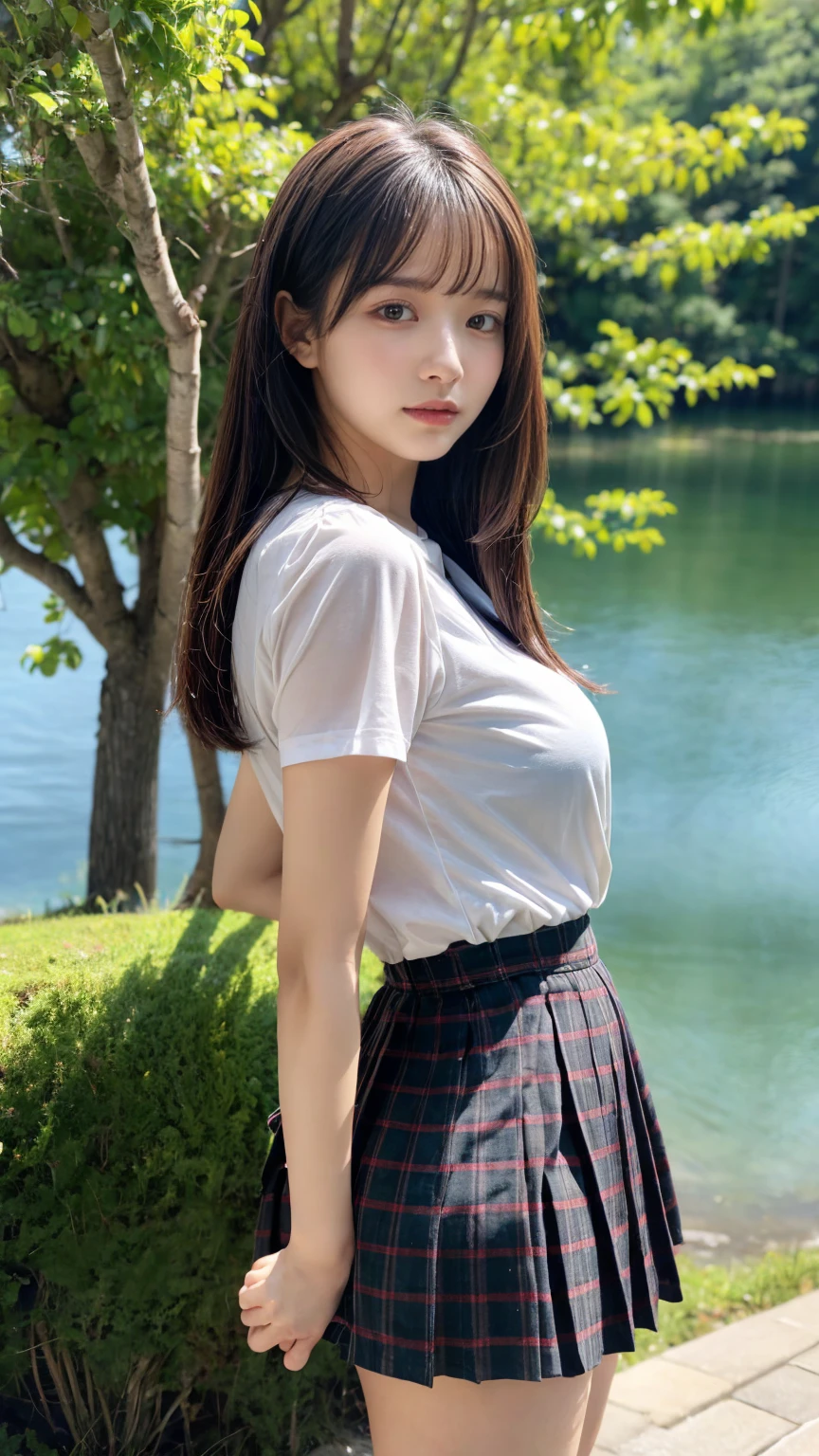 (absurdres:1.3), (highres:1.3), (ultra detailed:1.3),(1girl:1.3), (extremely detailed CG unity 8k wallpaper:1.3), (detailed skin texture, detailed cloth texture, detailed hair texture), (beautiful detailed face, supermodel, pale skin, realistic glistening skin), (RAW photo, best quality), (realistic, photo-realistic:1.4), masterpiece, extremely delicate and beautiful,Amazing, finely detail, extremely detailed CG unity 8k wallpaper, huge filesize, ultra-detailed, highres, absurdres, soft light,rim light, vibrant details, hotel room, straight hair, large breasts, black hair color, Big Natural Color Lip, (perfect body shape), beautiful legs, 20 years old, Beauty、Well-formed face、Make your eyes even、Large sagging eyes、Beautiful black hair、Has bangedium build、Well-balanced proportions、Arms wrapped around his back, hands tie behind back, Tartan plaid pleated skirt、Blue Short Sleeve Blouse、Beautiful scenery、(front view:1.3), Leaning against a large tree on the shore of a beautiful lake、