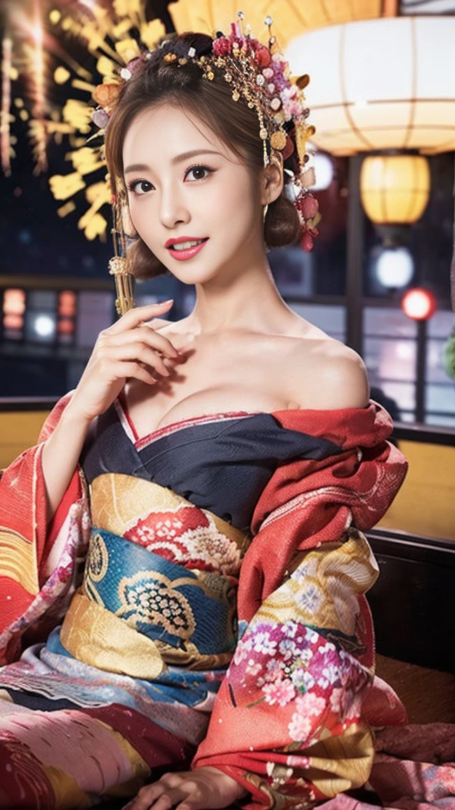 (8k、RAW Photosgraphy、Highest quality、masterpiece:1.2)、(Realistic、Realistic:1.37)、Ultra-high resolution、One Mature Woman、cute、alone、50-year-old woman、night、Sitting、date、(Nose redness)、(Laughter:1.1)、(Closed)、Huge 、Beautiful Eyes、(short hair:1.2)、(((Fireworks bursting into the sky、night)))、(((kimono、yukata)))、Cleavage、Perfect body、Perfect Fingers、Professional Lighting、Japanese Goddess、gravure、Detailed face and skin texture、fine grain、RAW Photos