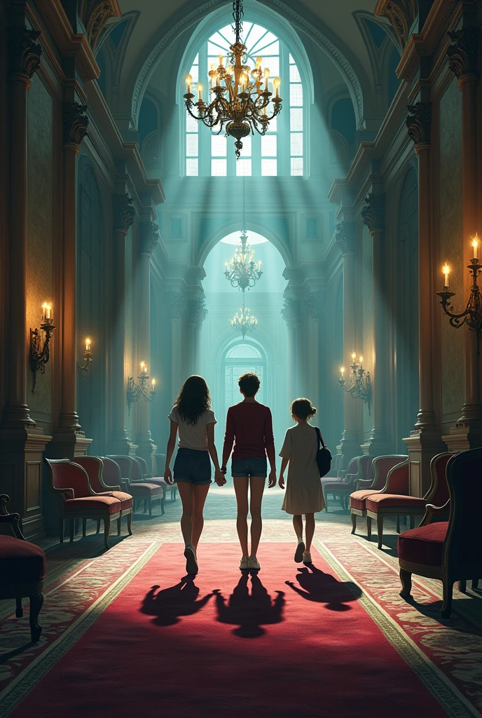 Inside, the 3 teenagers look at the rooms and large corridors of the mansion