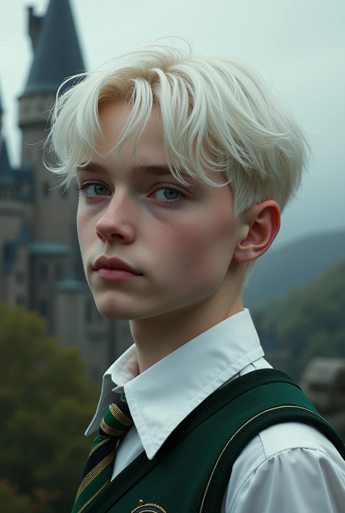Very handsome 18 year old late s young man, face claim Colin Ford, white-blonde hair and very pale skin, albino, light blue-grey eyes, dressed in white button up shirt and Slytherin tie, background of Hogwarts castle. Detailed realistic lifelike photograph headshot