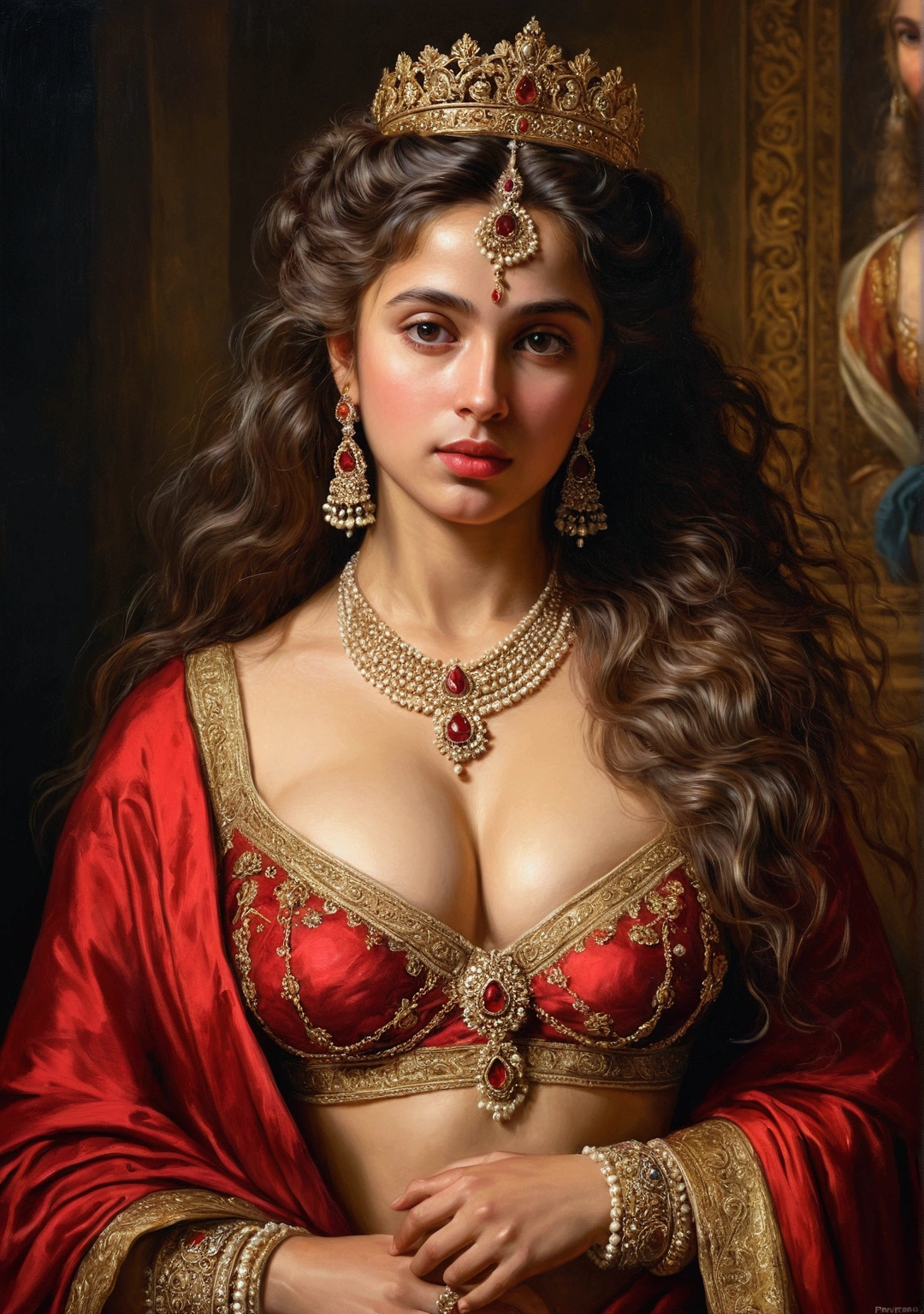 Best quality, highly detailed, masterpiece, Indian princess, Rajkanya, royal clothes, Masterpiece, extremely gorgeous woman, matchless Beauty, portrait, Peter Paul Rubens style, Woman, Hot red bra, middle ages, classicism, andrey atroshenko style, painting, long hair, styled hair, big naked breast , traditional media, realistic, figurative, fine art, detailed Art, oil on canvas, HDR, 8K, original character, high resolution, high detail, focus on the face, intricate, flawless, fluffy hair, Peter Paul Rubens style, By Peter Paul Rubens, sharp picture, avoid crown or mukut in picture,