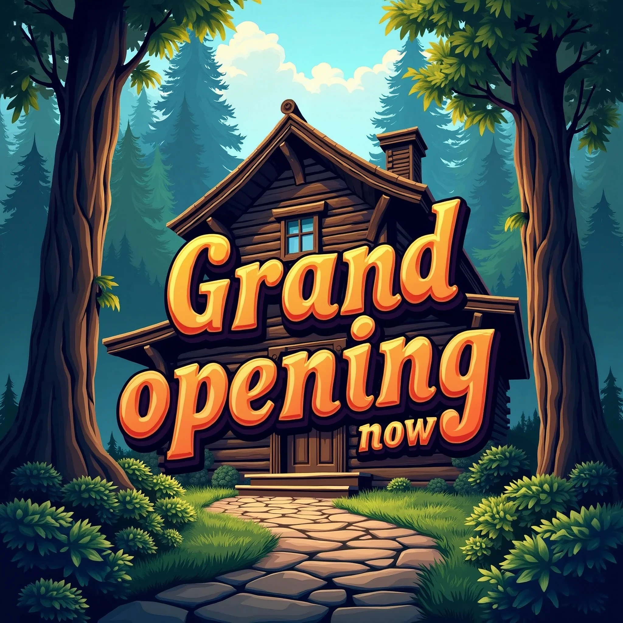 Art poster for a restaurant in a log cabin in the forest, vector art, vivid colours, strong contrasts, exciting and attention-grabbing,
In large prominent letters on the image: "Grand opening now",
A detailed masterpiece, top quality.
